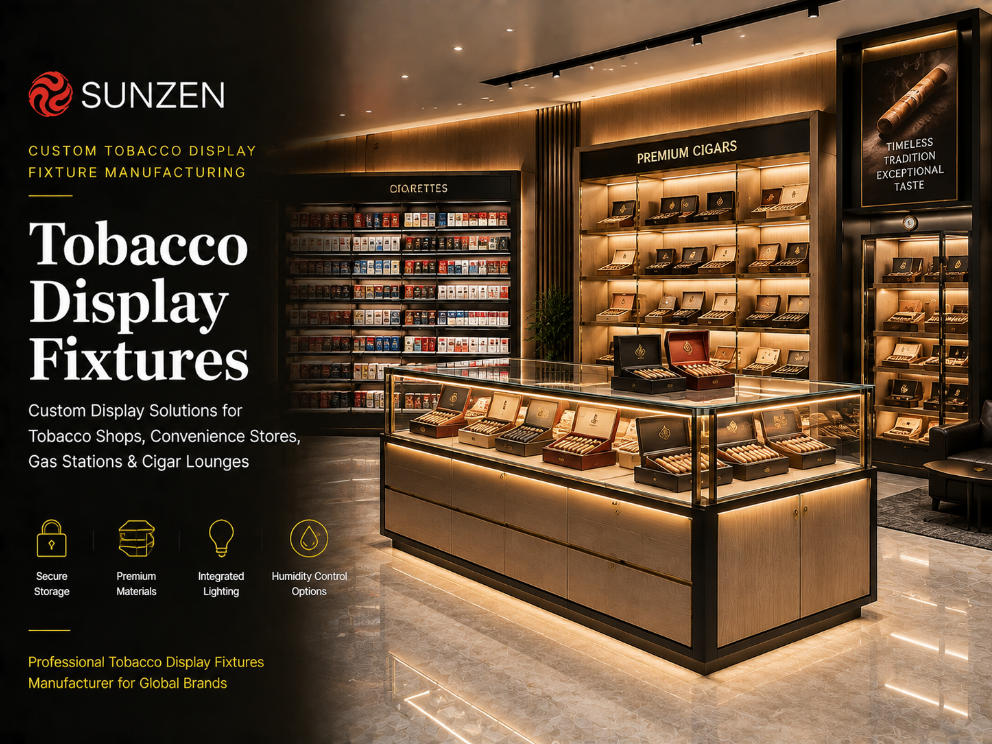 Custom tobacco display fixtures manufactured by SUNZEN for tobacco shops convenience stores and cigar lounges